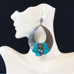 Large Statement Earrings Hammered Silver Tone Metal Turquoise Stone With Fabric